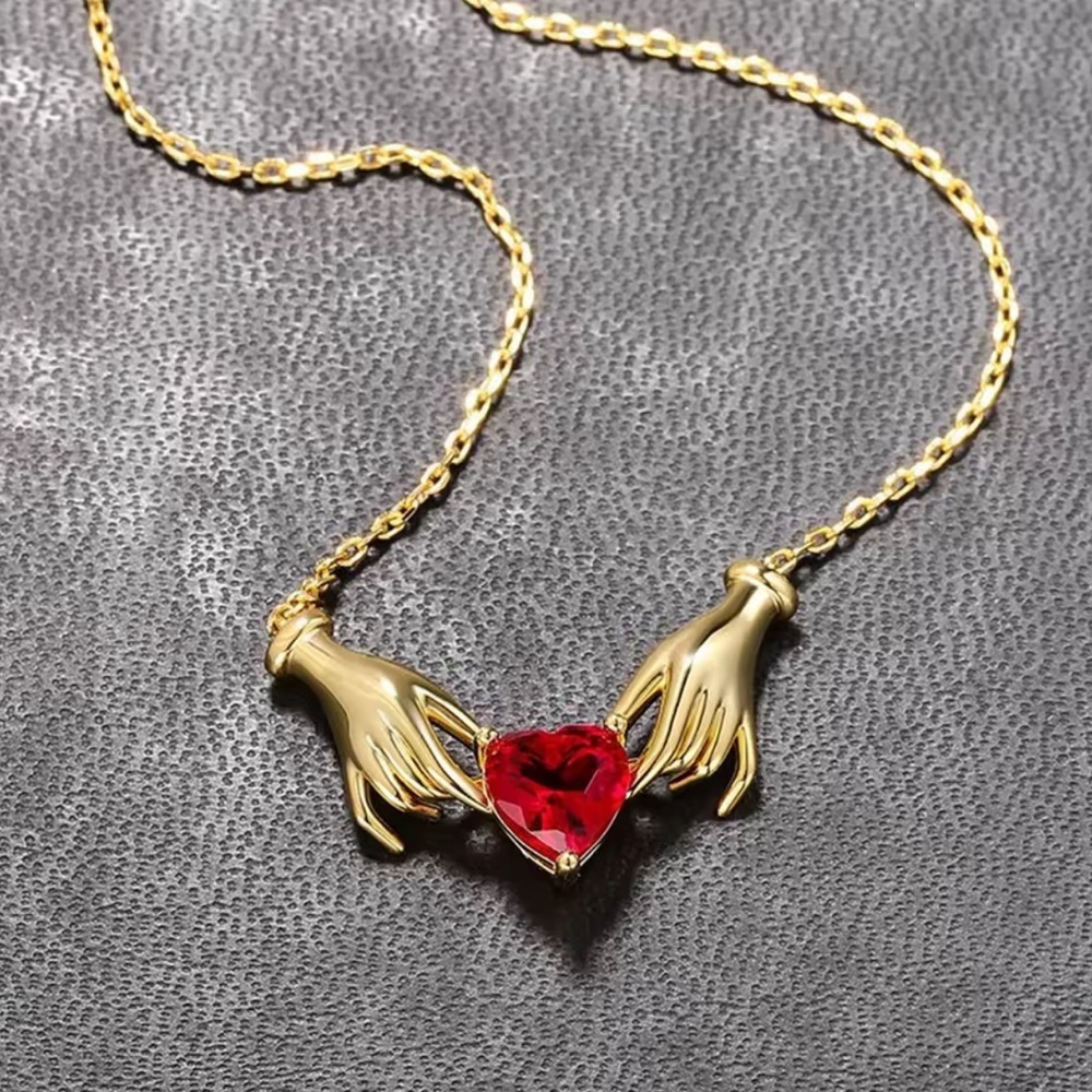 18K Gold Plated Claddagh Inspired Hands Holding Gemstone Heart Necklace - Picture 4 of 8